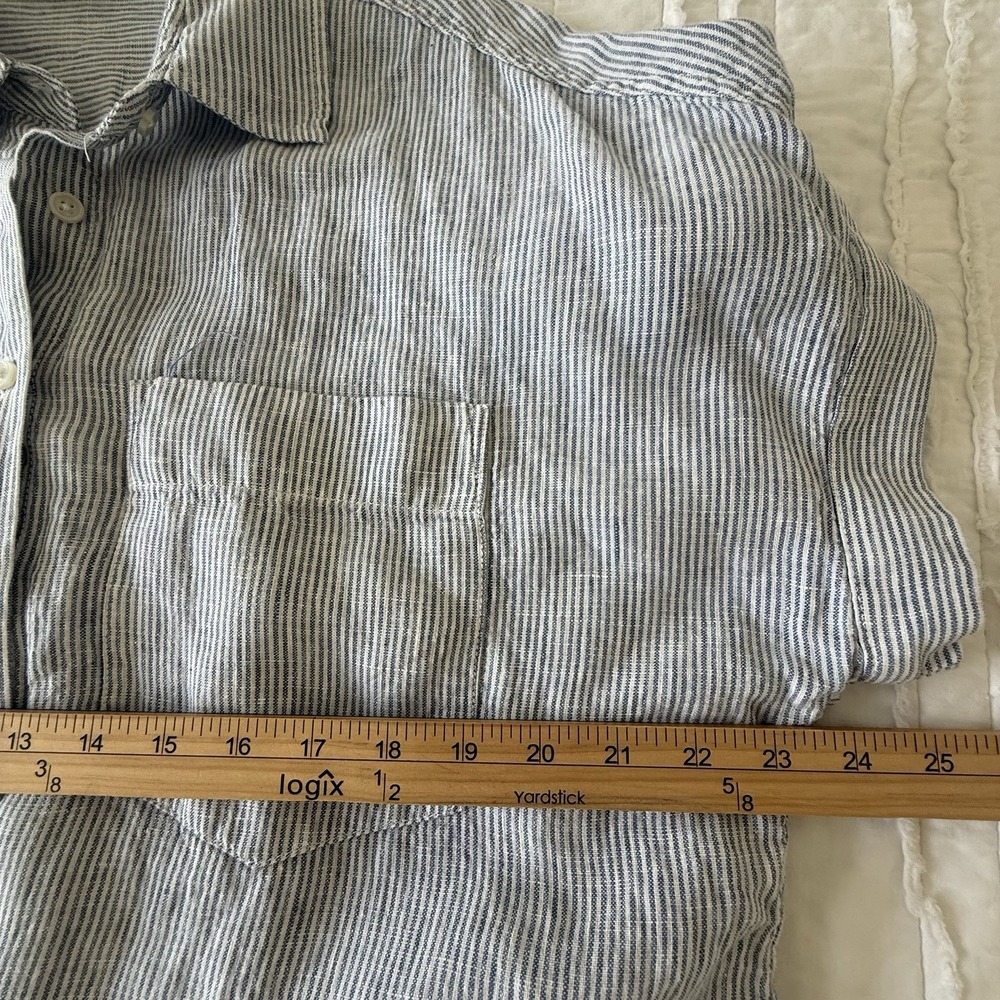 Quince Women L 100% European Linen Camp Shirt Blue Pinstripe Natural Scandi - Picture 3 of 7